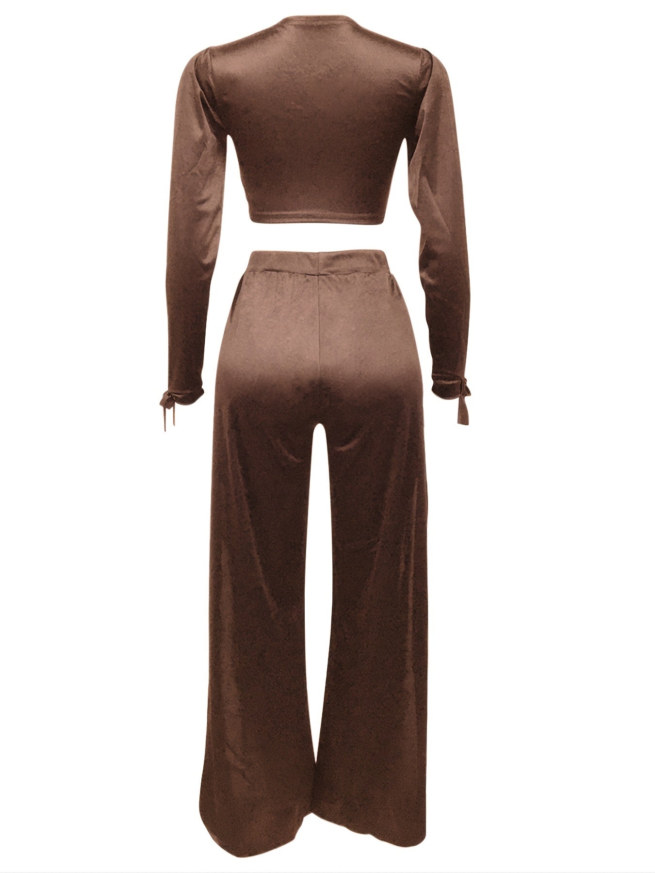 Chic Solid Two-piece Set - Deep V Neck Long Sleeve Crop Top & Split Pants - Womens Casual Fashion Ensemble