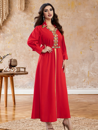 Glamorous Rhinestone V Neck Kaftan Maxi Dress - Sparkling Long Sleeve Split Design - Elegant Evening Wear for Women