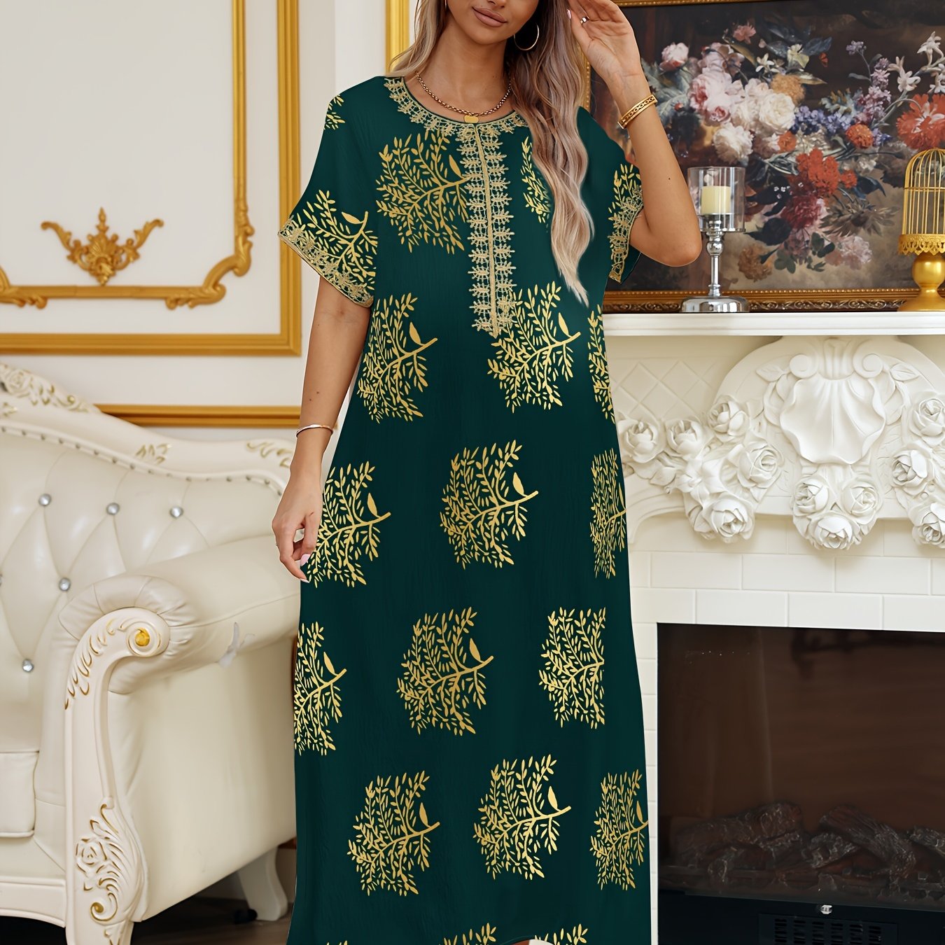 Long Sleeveless Crew Neck Maxi Abaya Dress - Stylish Tribal Pattern, Micro Elastic Polyester Fabric, Elegant Middle East Style - Perfect for All Seasons