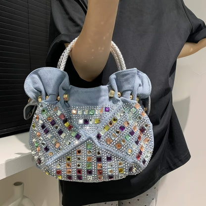 Elegant Mini Denim Crossbody Bag with Colorful Rhinestone Accents, Detachable Strap - Chic Women's Fashion Handbag