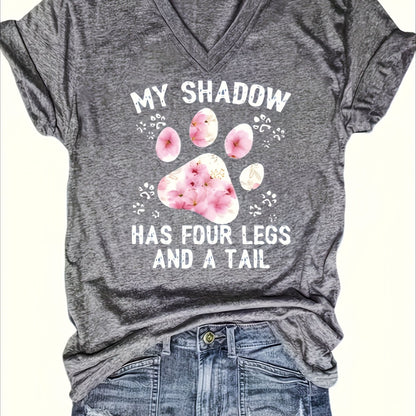 Women's Paw Print V-Neck T-Shirt - Comfy Short Sleeve Casual Top, Perfect for Spring & Summer, Fashionable Everyday Wear