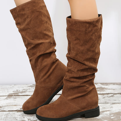 Comfy Chic Mid-Calf Boots - Knee-High Shoes for Women with Slip-On Design, Heightening, Solid Color, Winter Casual Style, and Soft Insoles for All-Day Comfort