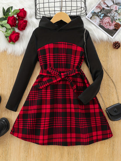 Hooded Plaid Dress for Girls - Long Sleeve, Vintage Splicing Style - Perfect for Spring, Fall, and Christmas