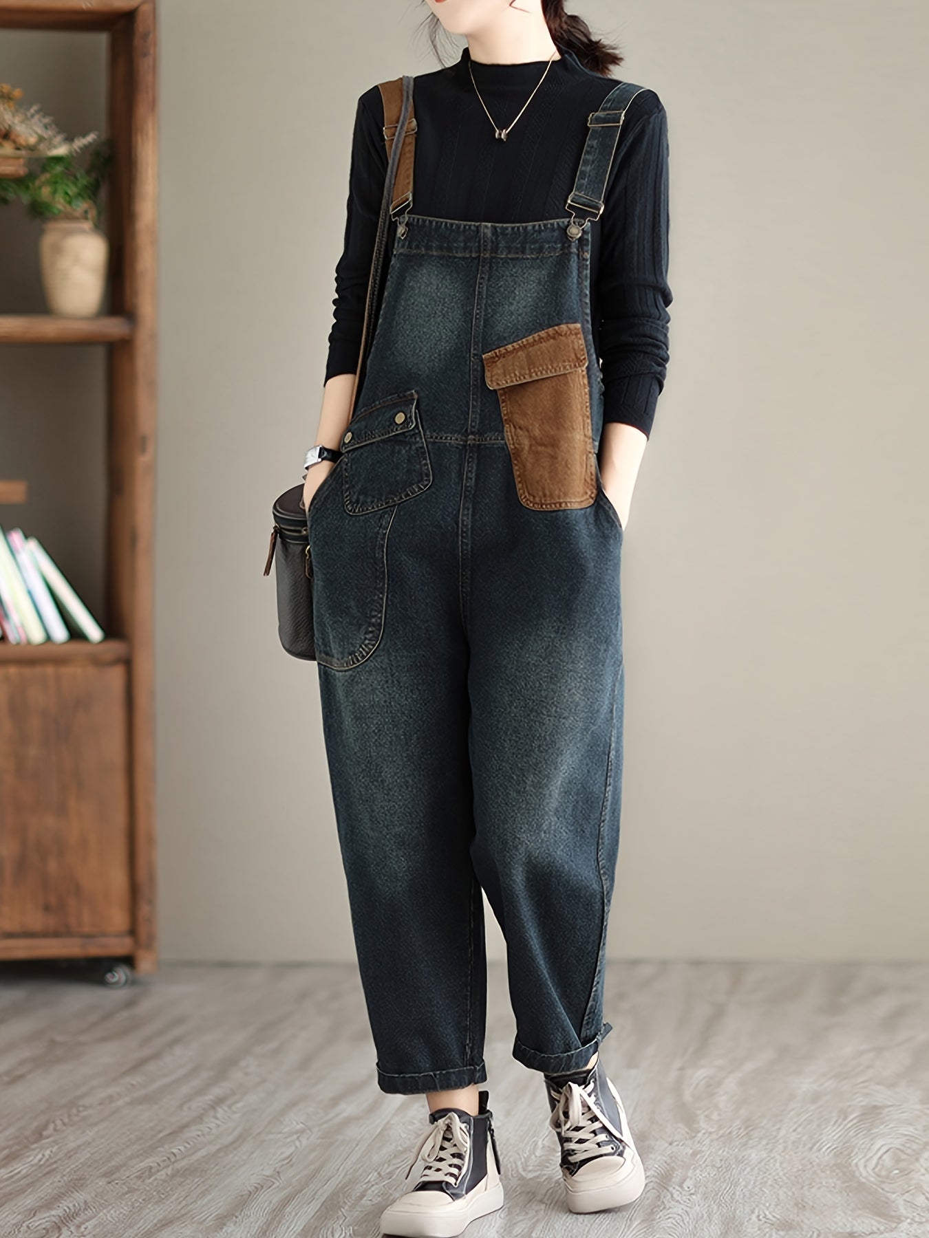 Color Block Patchwork Loose Fit Streetwear Retro Style Denim Overalls Dungarees, Women's Denim Jeans & Clothing