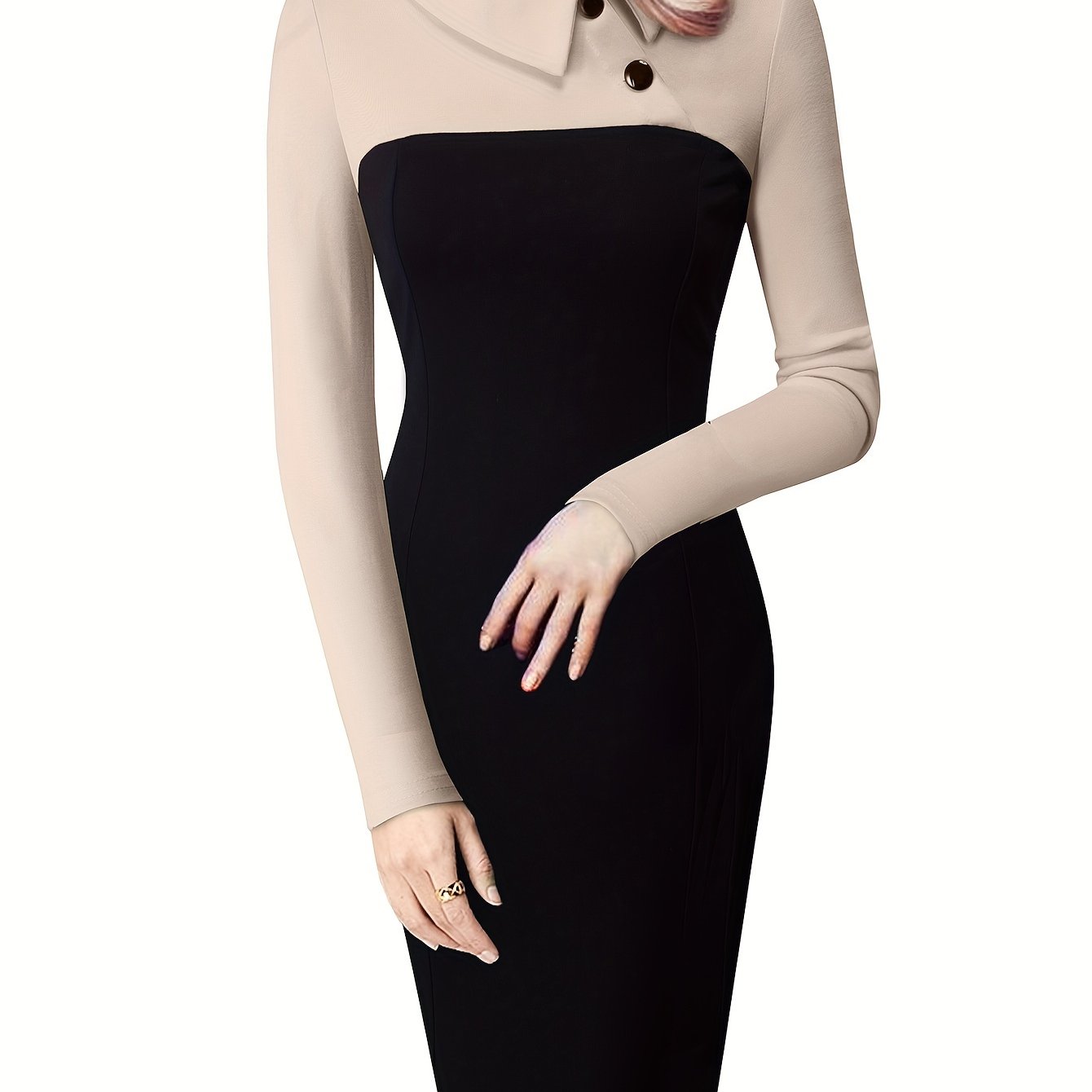 Button Front Colorblock Bodycon Dress, Elegant Long Sleeve Dress For Spring & Fall, Women's Clothing