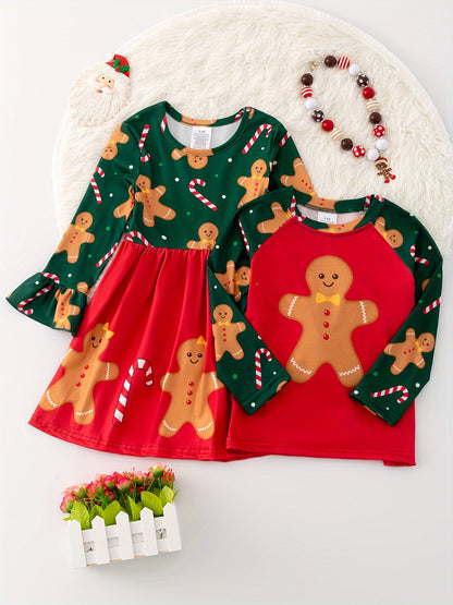 1pc - Brother And Sister Matching Clothes - Christmas Candy Cane Gingerbread Print, Boys Long Sleeve T-shirt, Girls Long Sleeve Dress, Autumn/Winter Daily And Outdoor Wear, Ideal Gifts For Christmas Party - NOT MULTI-PACKS, PLEASE PURCHASE SEPARATELY