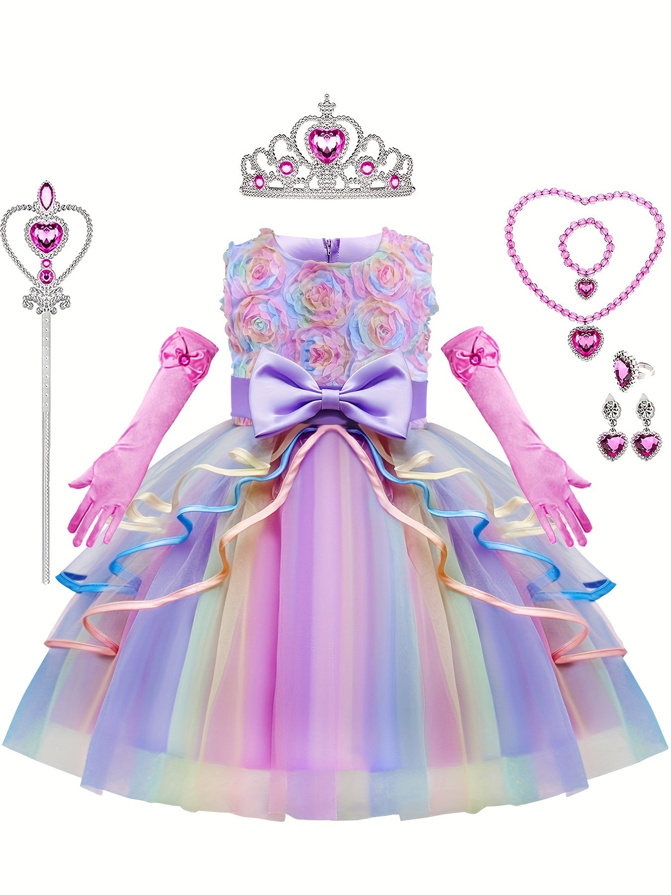 7pcs Girls Unicorn Costume, Rainbow Princess Dress, Toddler Unicorn Birthday Party Dress, Halloween Kids Cosplay, Fairy Tales Dress Up, With Headband Necklace Ring Ear Clip Jewelry Set