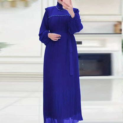 Sparkling Ramadan Elegance - Rhinestoned Pleated Mock Neck Maxi Dress with Adjustable Tie Waist and Lantern Sleeves - A Modest, Timeless Choice for Women