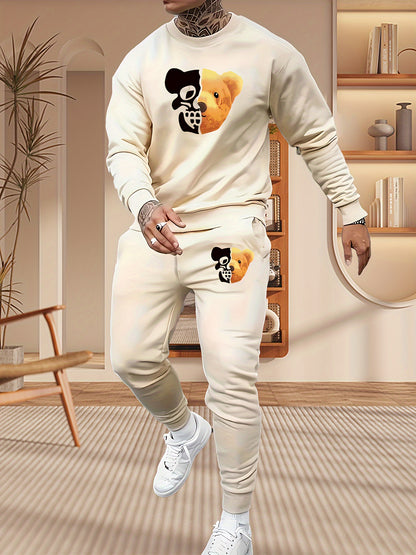 Mens Bear Graphic Comfort Sleepwear Set - Cozy Cotton Blend, Long Sleeve Crew Neck Top & Loose Pants with Pockets, Elastic Waist for Spring Autumn Outdoors