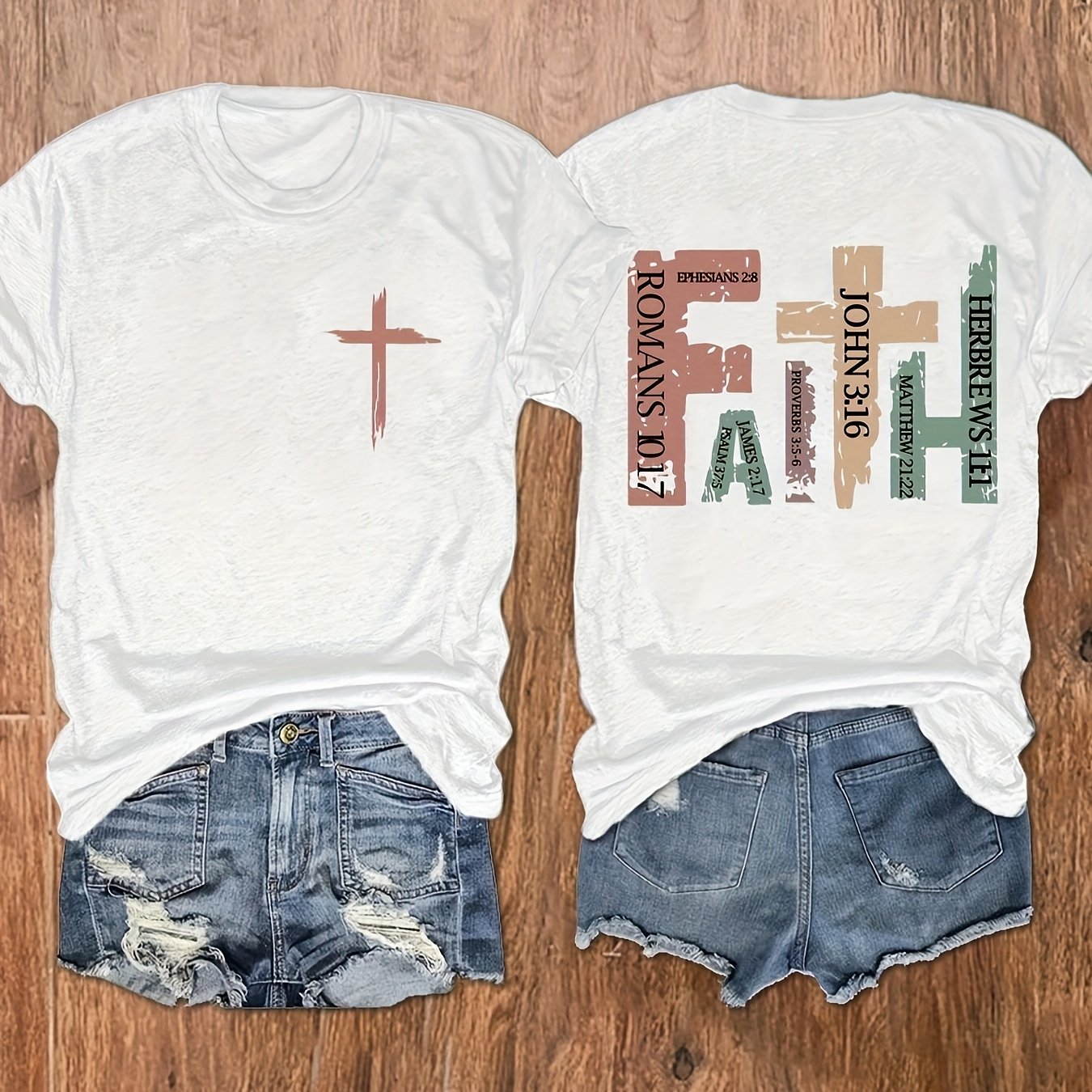 Vibrant Cross Faith Print T-shirt - Comfortable Short Sleeves for Warm Weather, Classic Crew Neck Design for a Timeless Look, Relaxed Fit Casual Top for Everyday Wear - Perfect for Warm Seasonal Occasions, Designed Exclusively for Women