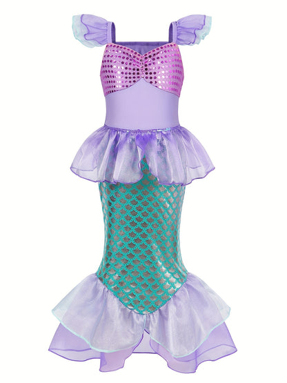 Girl's Mermaid Princess Dress With Accessories Set, Sequin Decor Mesh Ruffled Dress, Fairy Tale Character dress, For Halloween Holiday Party Prom Birthday Performance