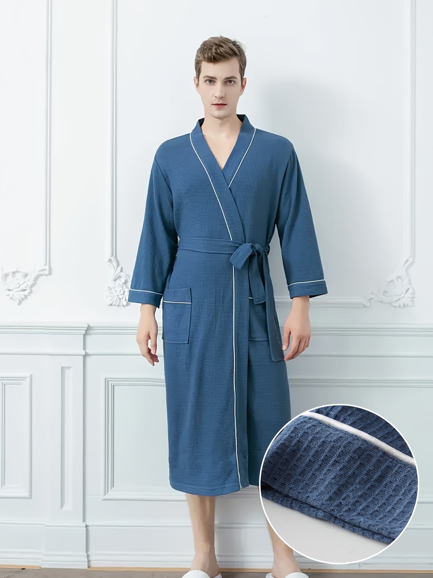 Men's Hotel Satin Kimono Robe, Slight Stretch & V-neck & Solid Color, Vacation & Gentle Style, Comfortable Sleepwear Elegant Style Bathrobe With Belt Spa Home Wear