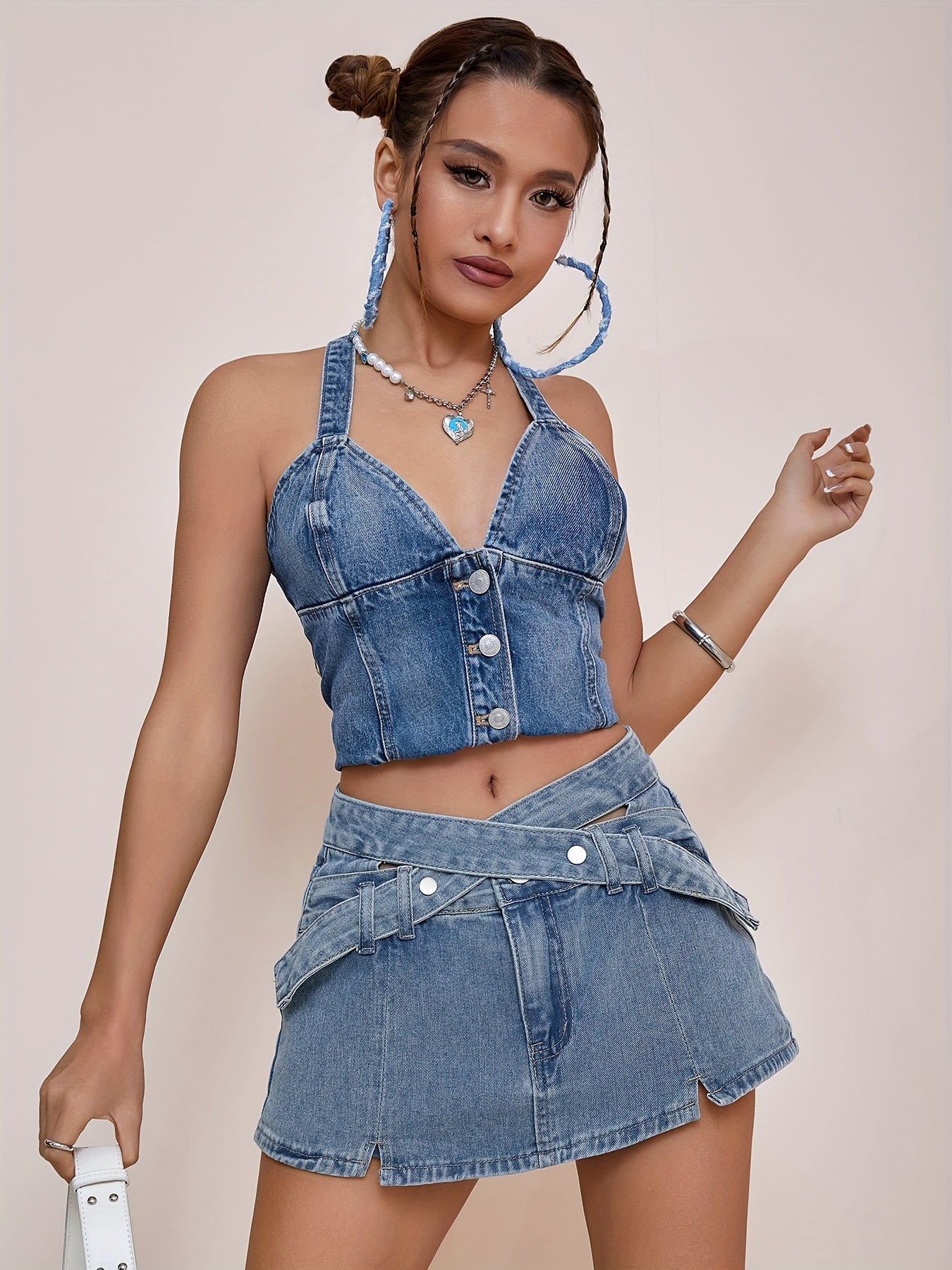 Crisscross Belt Split Hem Denim Skirt, Hot Washed Blue Mini Denim Skirt, Women's Denim Jeans & Clothing