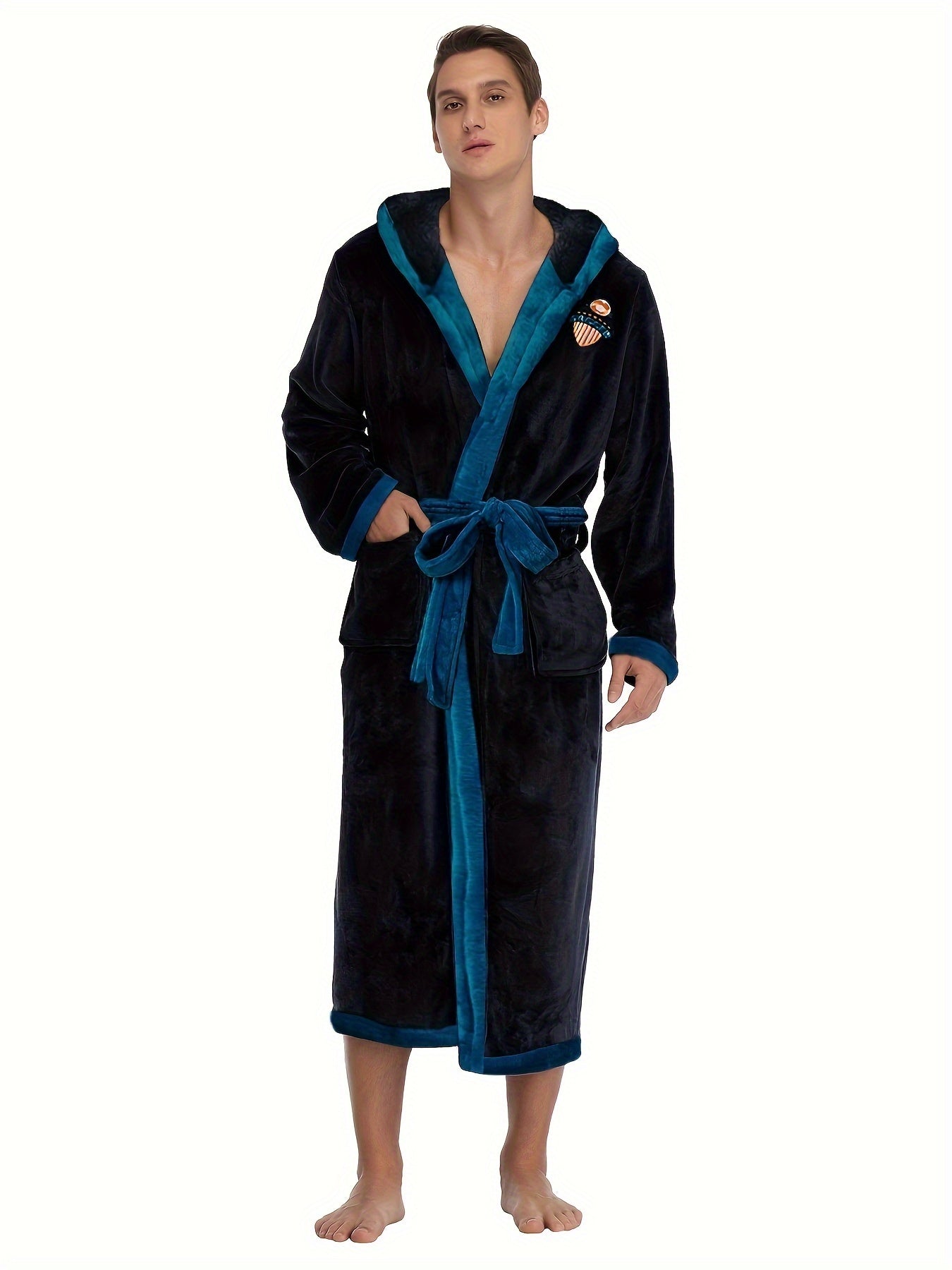 Men's Comfy Color Block Flannel Robe Home Letter Embroidered Hooded Pajamas Wear With Pocket & Hair Dry Hat, One-piece Lace Up Kimono Night-robe Warm Sets After Bath