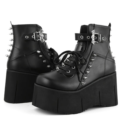 Goth Women's Punk Ankle Boots Platform Wedges High Heels Rivet Motorcycle Combat Short Boots For Women Halloween Stylish Street Shoes