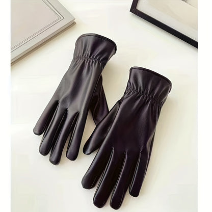 1PC Premium Faux Sheepskin PU Leather Gloves - Water-Resistant, Windproof, Warm Lining, Full Finger Touch Screen, Embroidery and Weave Details for Outdoor Cycling, Weekend Casual - Inelastic, Hand Washable, Cold Weather Protection