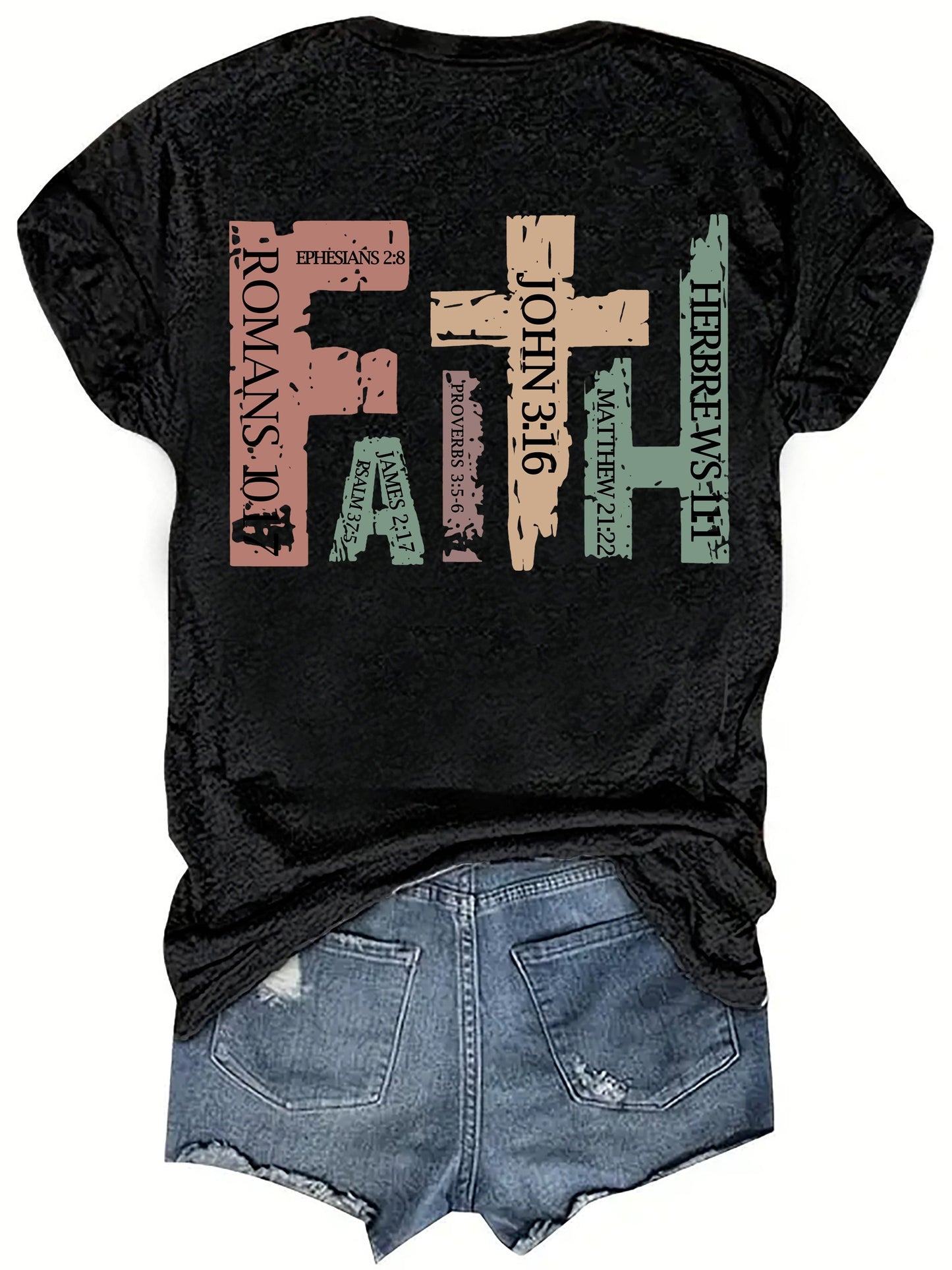 Vibrant Cross Faith Print T-shirt - Comfortable Short Sleeves for Warm Weather, Classic Crew Neck Design for a Timeless Look, Relaxed Fit Casual Top for Everyday Wear - Perfect for Warm Seasonal Occasions, Designed Exclusively for Women