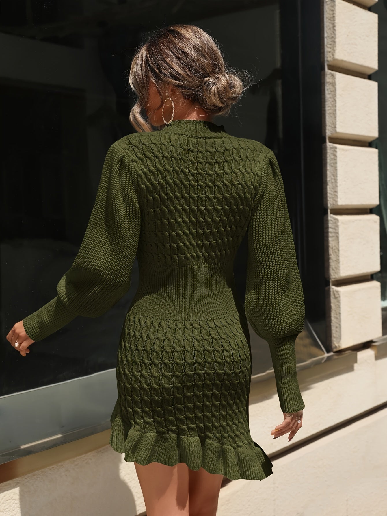 Cable Knit Ruffle Hem Asymmetrical Dress, Elegant Lantern Sleeve Bodycon Dress For Fall & Winter, Women's Clothing