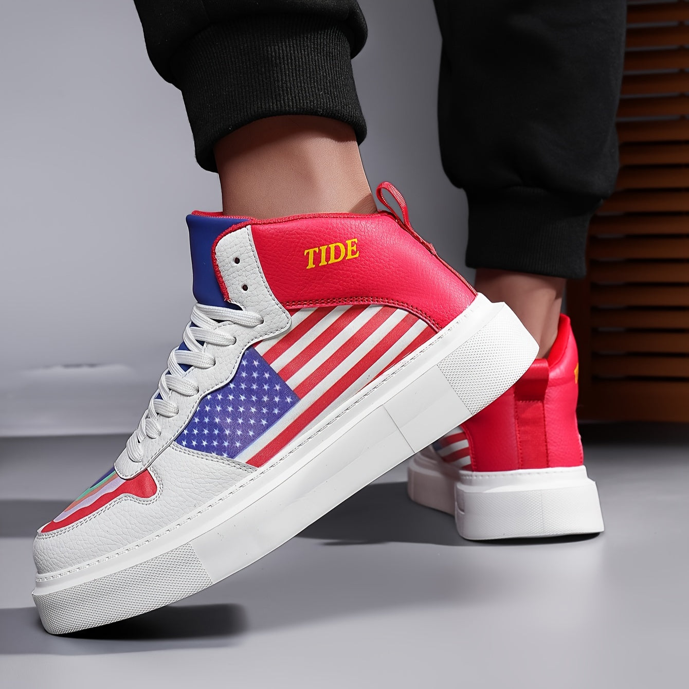 Men's Non Slip High Top Skate Shoes, American Flag Style Trendy Casual Sneakers For Autumn And Winter - Outdoor Street Walking Traveling