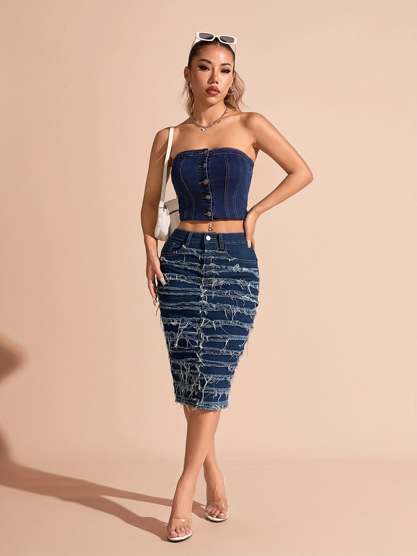 Midi Length Women's High Stretch Denim Pencil Skirt - Frayed Hem, Button Detail, Solid Color, Regular Fit, Mid Waist, Woven Fabric, Perfect for Spring/Summer/Fall