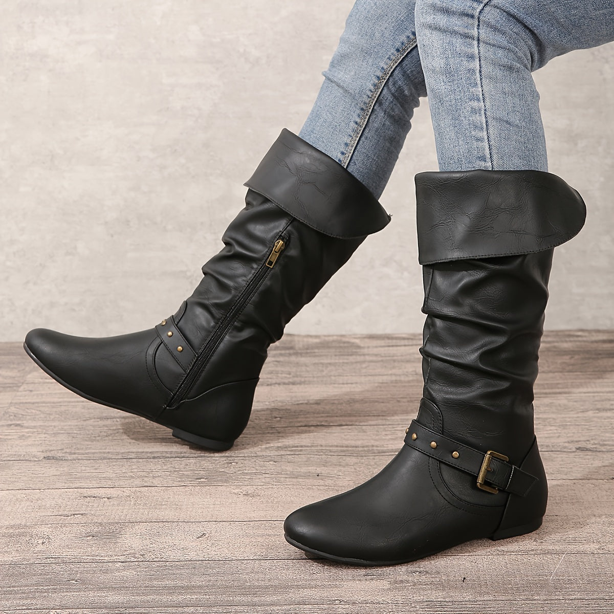 Retro Chic Pleated Knee-High Women's Boots with Buckle Detail, Comfortable Flat Heel & Easy Zip Closure, Versatile Western Style