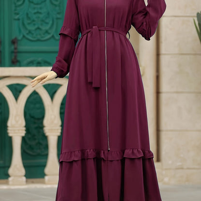 Elegant Modest Maxi Kaftan Dress - Long Sleeve, Tie-Waist with Chain Detail, Zip-Front, Durable All-Season Women's Fashion