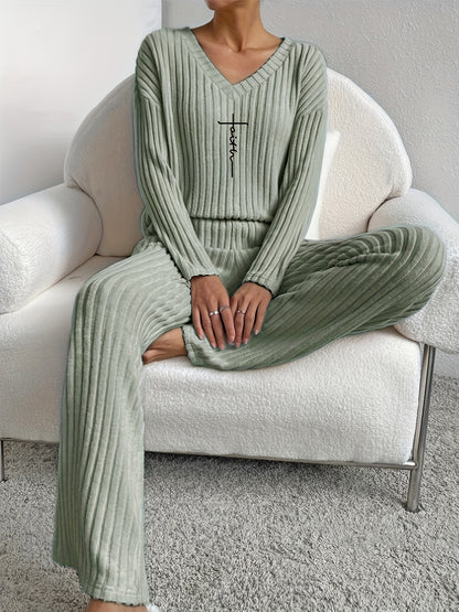 Women's Faith-Inspired Ribbed Two-Piece Set - V Neck Long Sleeve Top & Comfy Pants - Chic Spring & Fall Casual Outfits