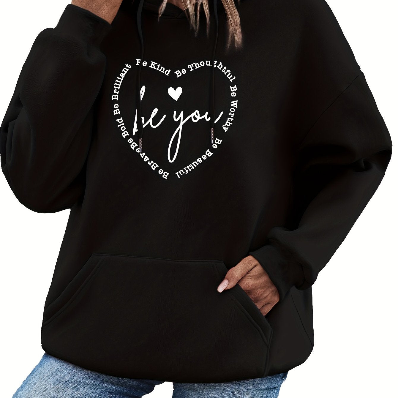 Heart & Letter Print Drawstring Hoodie - Cozy Casual Long Sleeve Hooded Sweatshirt with Adjustable Drawstring, Soft Brushed Fabric, and Relaxed Fit - Women's Comfortable Clothing for Daily Wear