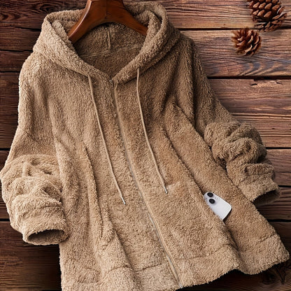 Cozy Winter Zip-Up Hoodie with Drawstring, Stretch Casual Coat with Slant Pockets - Women's Solid Color Outerwear