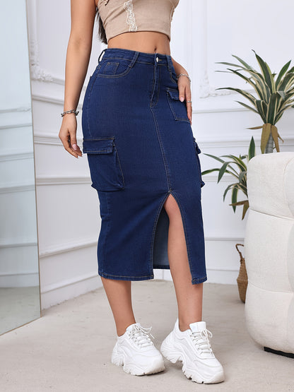 High-Rise Women's Ashed Blue Cargo Midi Denim Skirt with Split Front Side Flap Pocket, Plain Style