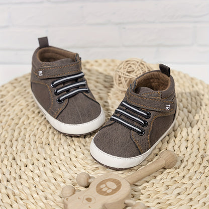 Ankle-High First-Walker Boots for Baby Boys - Soft, Non-Slip, Hook-and-Loop Fastener, Fabric Lining, Round Toe, PU Upper, Perfect for Indoor Walking, Fall and Winter Seasons