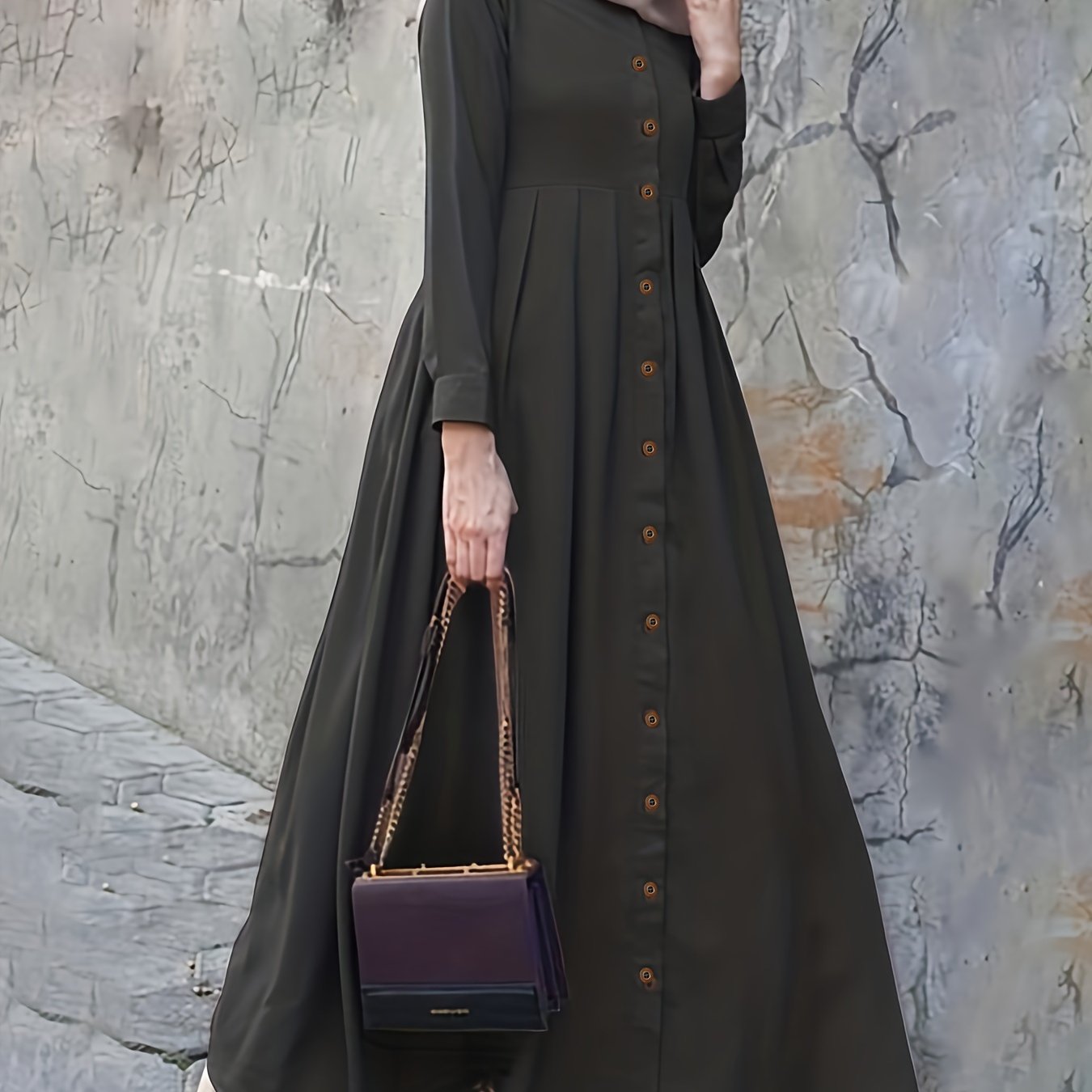 Elegant Puff Sleeve Maxi Dress - Ruched Button Detail - Versatile for Ramadan & Special Occasions - Women's Fashion