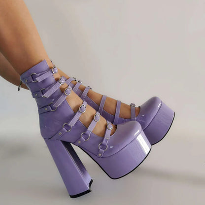 New Purple Lolita Sweet 15Cm High Heels Thick Bottom Bow Women's Round Head Hollow Out Buckle Single Shoes Size 36-47