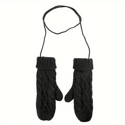 Monochrome Twist Knit Mittens Thickened Velvet Lined Soft Warm Gloves Autumn Winter Coldproof Hanging Neck Riding Gloves