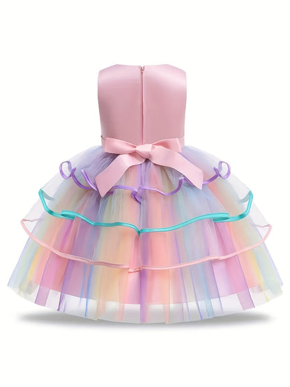 Girls Unicorn Princess Dress Cute Unicorn Floral Print Mesh Princess Dress Tulle Dresses (with Headgear)