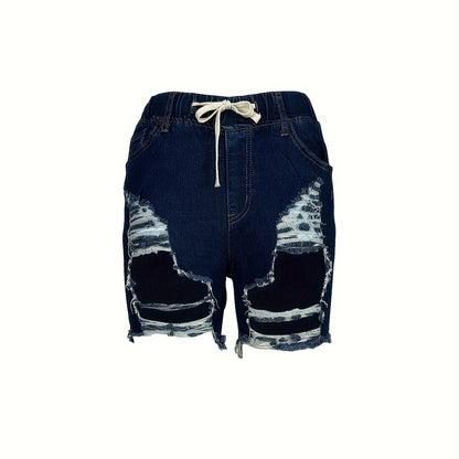 High-Waist Stretch Denim Shorts for Women - Easy-Care, Chic Ripped Detail, Casual Spring/Summer Look