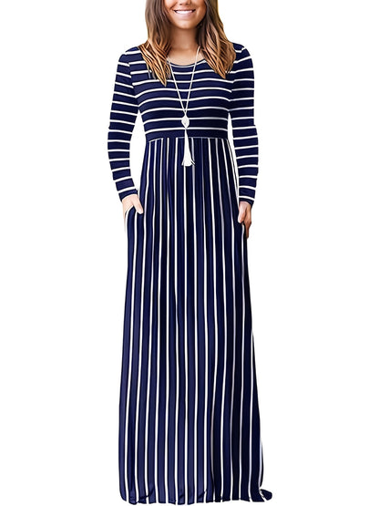 Fall/Winter Chic: Cozy Geometric High-Waist Maxi Dress with Crew Neck, Long Sleeves - Durable & Easy-Care, Perfect for Daily Wear