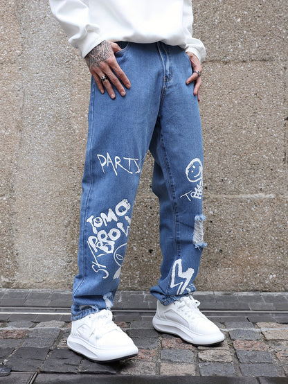 Fashionable Design Men's Graffiti Style Pattern Ripped Denim Jeans, Stylish And Trendy Cotton Blend Pants For Street Leisurewear