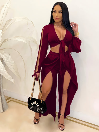 Chic Solid Two-piece Set - Deep V Neck Long Sleeve Crop Top & Split Pants - Womens Casual Fashion Ensemble