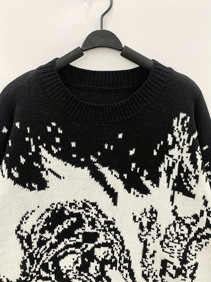 Plus Size Mens Fashionable Skeleton Print Knit Sweater - Eye-Catching Animal Design for Spring, Fall, and Winter - K-pop Inspired Style