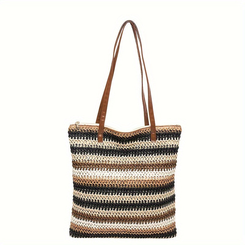 Beach Tote Bag For Women, Large Capacity Bag With Grid Pattern, Fashionable And Stylish Bag With Adjustable Shoulder Strap And Zipper Closure