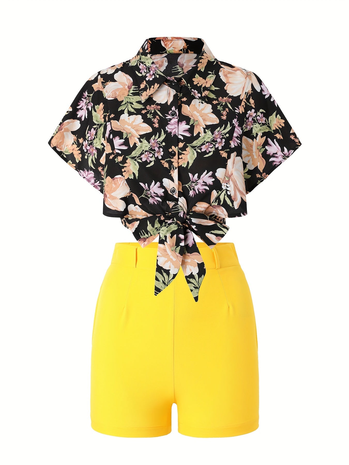 2pcs Chic Floral Crop Shirt & Solid Shorts Set - Breathable, Comfort Fit for Stylish Spring & Summer Wear, Ideal Women's Casual Outfit