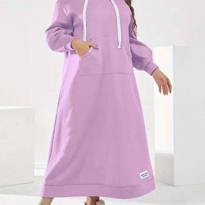 Plus Size Solid Hooded Sweatshirt Dress, Casual Long Sleeve Drawstring Kangaroo Pocket Maxi Dress For Fall & Winter, Women's Plus Size Clothing