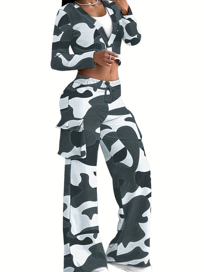 Fashionable Camouflage Print Womens Two-piece Set - Comfy Long Sleeve T-Shirt with Single Button & Drawstring Flap Pocket Pants - Casual Chic Outfit for Trendsetters