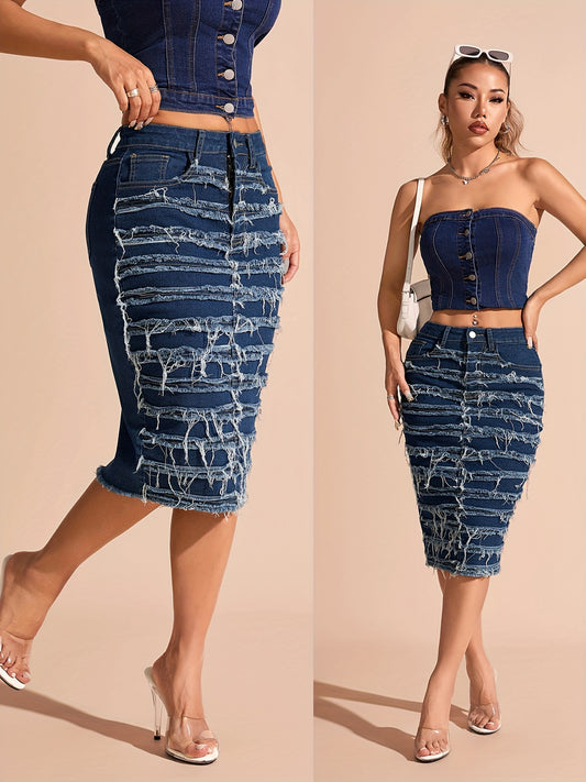 Midi Length Women's High Stretch Denim Pencil Skirt - Frayed Hem, Button Detail, Solid Color, Regular Fit, Mid Waist, Woven Fabric, Perfect for Spring/Summer/Fall