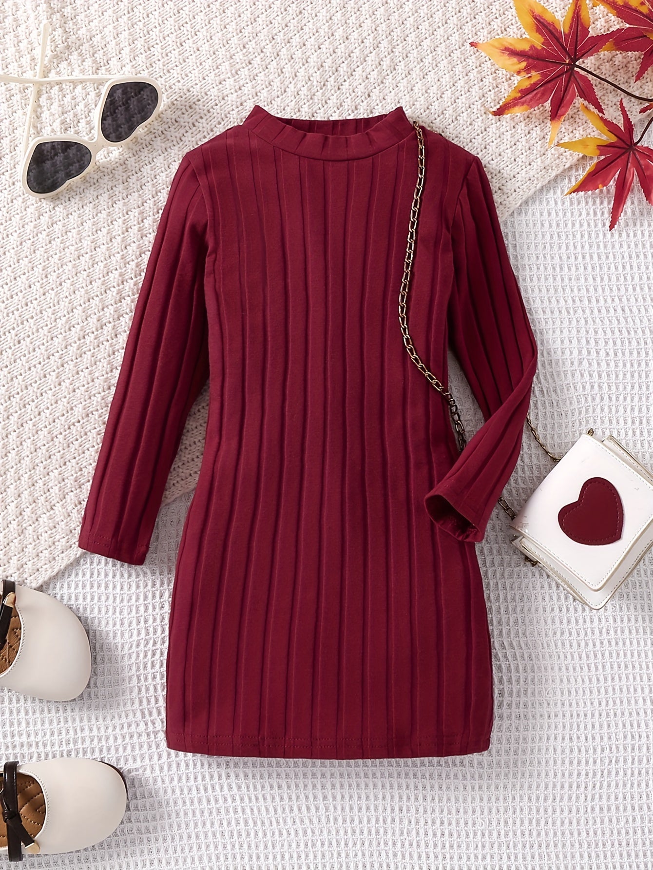 93% Cotton Elegant Ribbed Knit Long Sleeve Dress for Girls - Soft, Warm, and Breathable Fabric - Perfect for Fall, Winter, and Christmas Gift Ideas