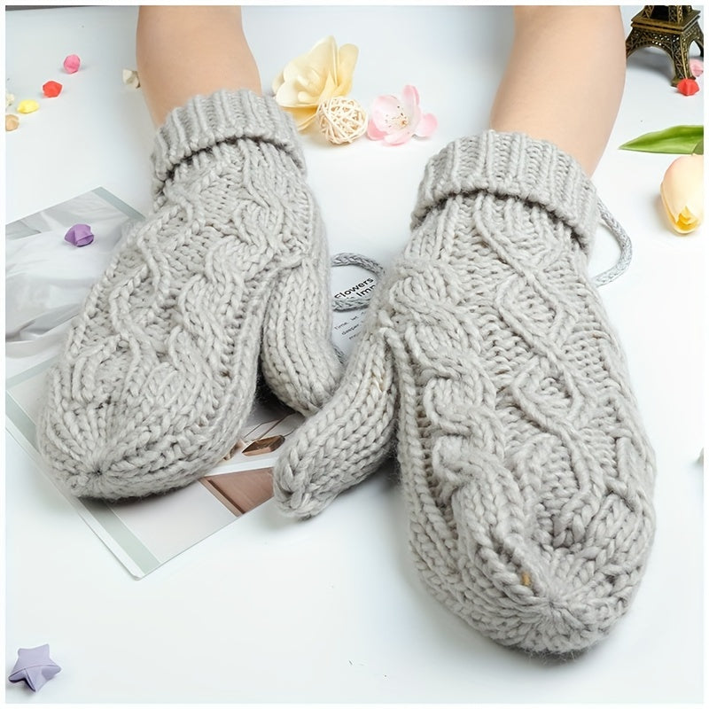 Monochrome Twist Knit Mittens Thickened Velvet Lined Soft Warm Gloves Autumn Winter Coldproof Hanging Neck Riding Gloves