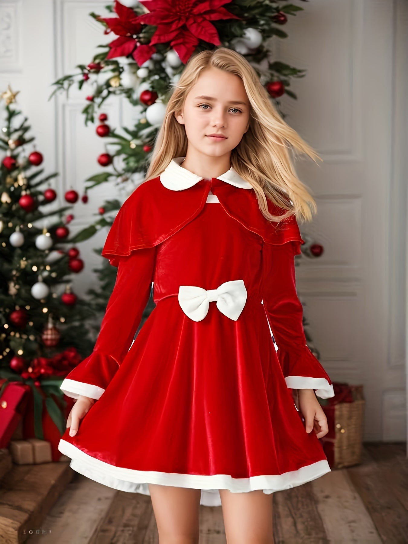 Girls 2-piece Christmas Style Flared Sleeve Color Block Long Sleeve Dress + Shawl Set, Elegant And Stylish For Autumn And Winter Outdoor Party Wear