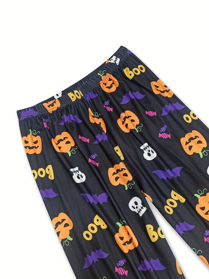 Men's Trendy Casual Halloween Pajamas Sets, Pumpkin Graphic Print Long Sleeve Crew Neck Top & Loose Pants Lounge Wear