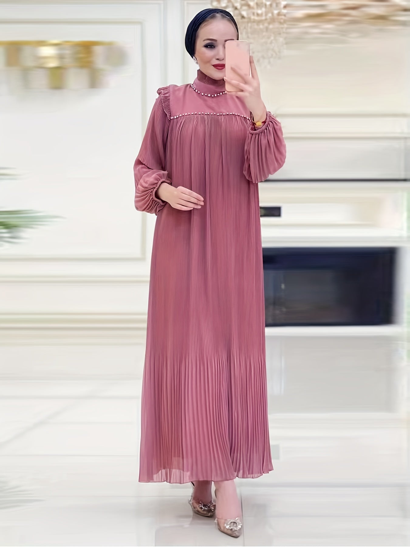 Sparkling Ramadan Elegance - Rhinestoned Pleated Mock Neck Maxi Dress with Adjustable Tie Waist and Lantern Sleeves - A Modest, Timeless Choice for Women